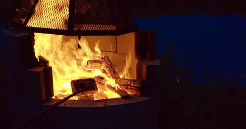 Campfire pit by the lake at night Stockbeeldmateriaal 130928003