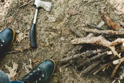 Campfire   prep   with   axe Stock Photos