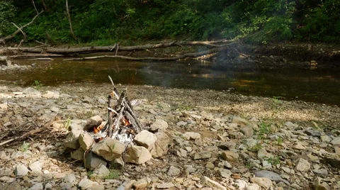 Campfire by the river in a deep wood UHD Video stock 66258087