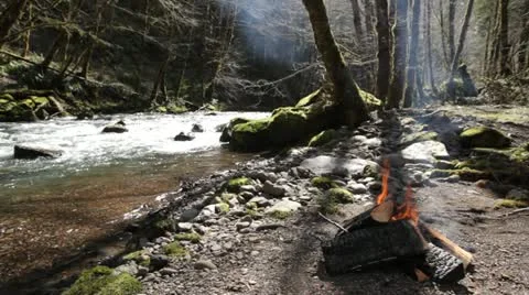 Campfire on River Stock Footage 20485255