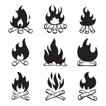 Campfire silhouettes with stylized fire and wood log combinations Stock Illustration