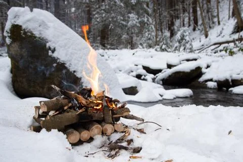 Campfire on snow in the winter forest Stock Photos
