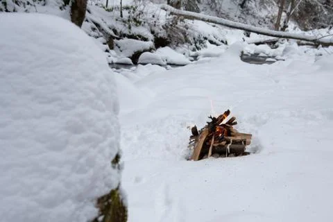 Campfire on snow in the winter forest Stock Photos