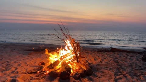 Campfire on the sunset at the tropical beach Stock Footage 277597819