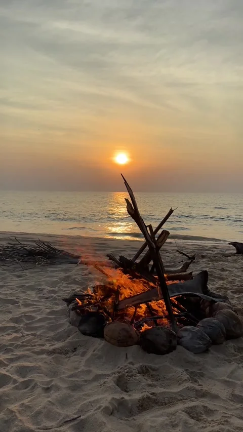 Campfire on the sunset at the tropical beach Stock Footage 277688373