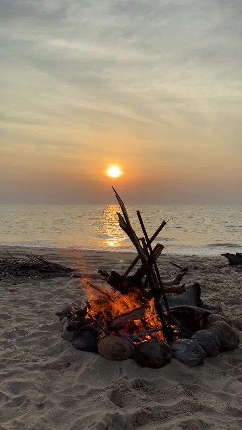 Campfire on the sunset at the tropical beach Stock Footage 277688457