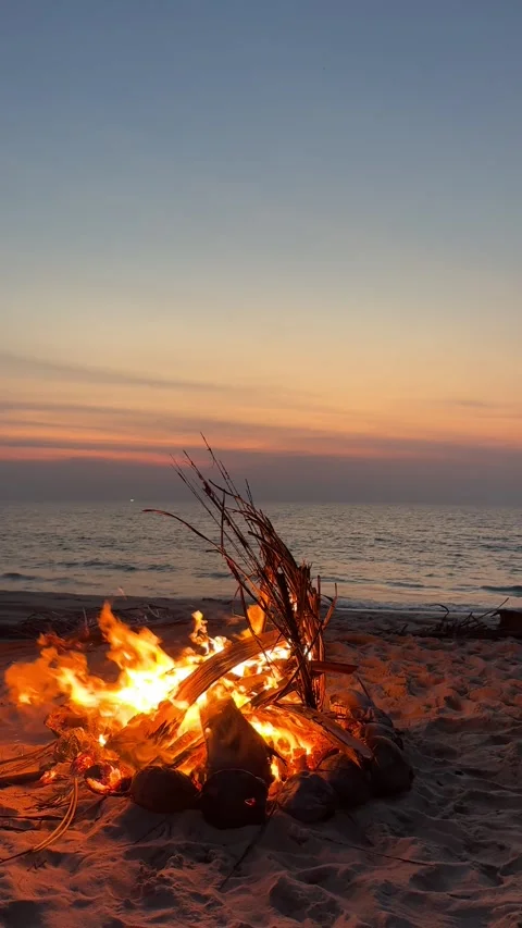 Campfire on the sunset at the tropical beach Stock Footage 277688716