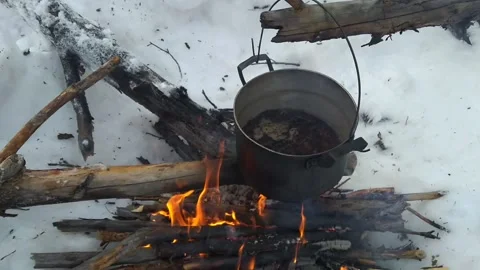 Campfire tea in the Siberian forest Stock Footage 147399574