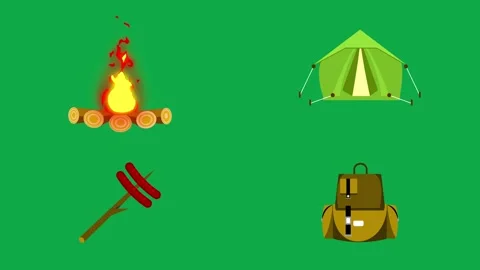 Campfire Tent Sausage Backpack animation on green screen 3d clay model perfect Stock Footage 334704208