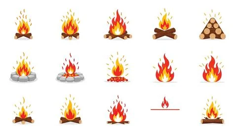 Campfire vector collection featuring different flame shapes and wood log ar.. イラスト素材