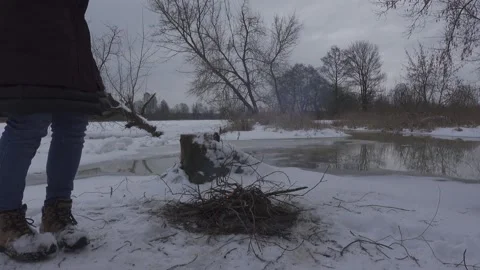 Campfire in winter scenery Stock Footage 148442082