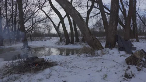 Campfire in winter scenery Stock Footage 148442147