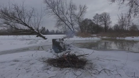 Campfire in winter scenery Stock Footage 148442168