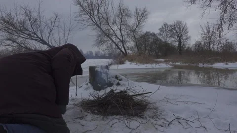 Campfire in winter scenery Stock Footage 148442200