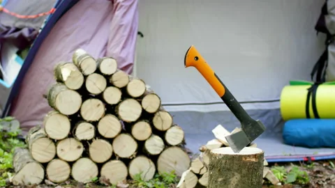 Campground, ax, camera slider. Stock Footage 98155707