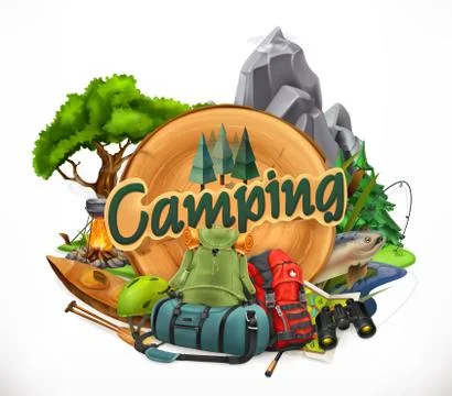 Camping, 3d vector emblem Stock Illustration