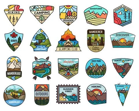 Camping adventure badges logos set, Vintage travel emblems. Hand drawn stickers Stock Illustration
