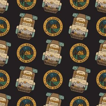 Camping adventure badges pattern. Camping Adventure seamless background with Stock Illustration