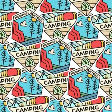 Camping adventure badges pattern. Mountain explorer seamless background with Stock Illustration