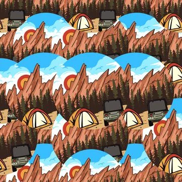 Camping adventure badges pattern. Mountain explorer seamless background with Stock Illustration