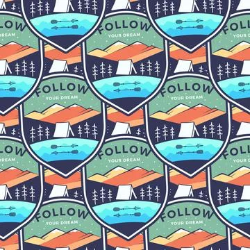 Camping adventure badges pattern. Mountain explorer unique seamless background Stock Illustration