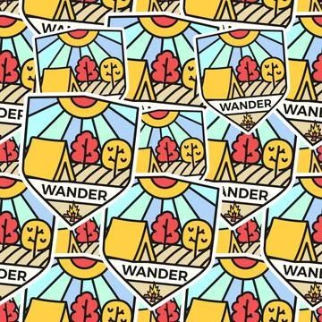 Camping adventure badges pattern. Wander hiking seamless background with tent Stock Illustration