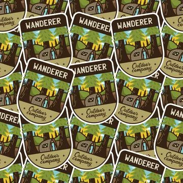 Camping adventure badges pattern. Wanderer hiking seamless background with tent Stock Illustration