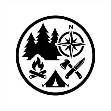 Camping adventure icon featuring forest trees campfire tent compass axe and.. Illustration
