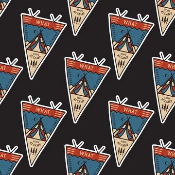 Camping adventure pennants pattern. Mountain explorer seamless background with Illustrazione stock