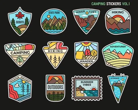 Camping adventure sticker design bundle. Travel hand drawn patches. Mountain Ilustración de archivo