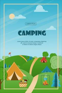 Camping adventure time vector illustration Banner with flat equipment for hiking 스톡 일러스트
