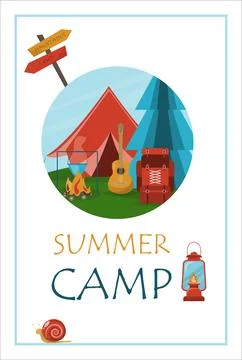 Camping adventure time vector illustration Banner with flat equipment for hiking Stock Illustration
