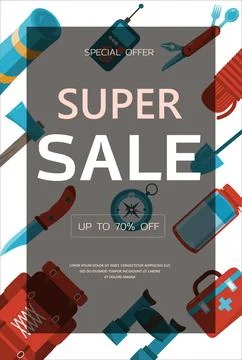 Camping adventure time vector illustration Banner with flat equipment for hiking Stock Illustration