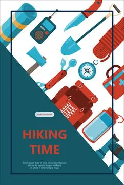 Camping adventure time vector illustration Banner with flat equipment for hiking イラスト素材