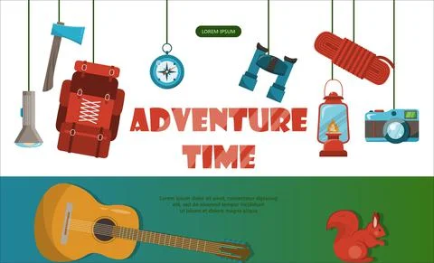 Camping adventure time vector illustration Banner with flat equipment for hiking Stock Illustration