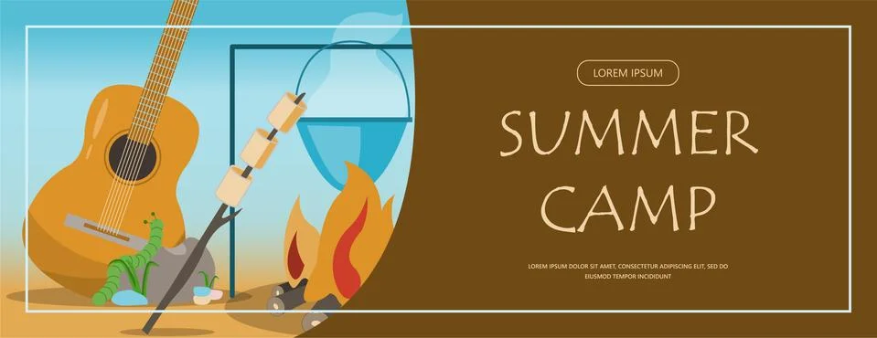 Camping adventure time vector illustration Banner with flat equipment for hiking Stock Illustration