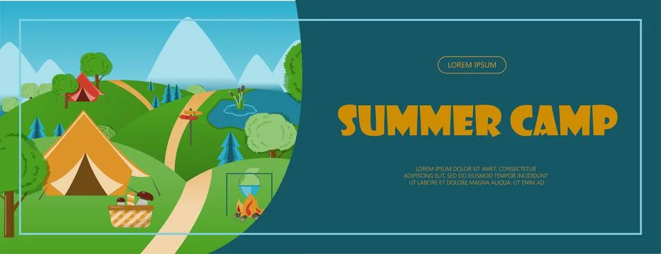 Camping adventure time vector illustration Banner with flat equipment for hiking Stock Illustration