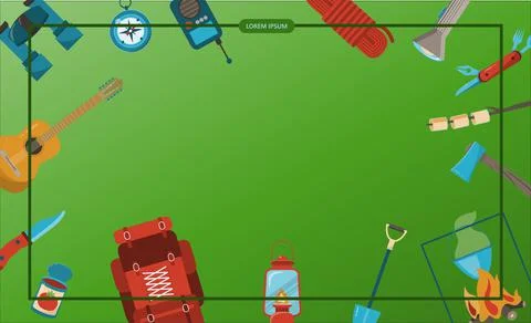 Camping adventure time vector illustration Banner with flat equipment for hiking Stock Illustration