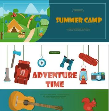 Camping adventure time vector illustration Big set with flat equipment for Stock Illustration