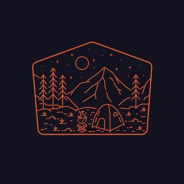Camping and bonfires under a starry sky in mono line art, badge vector, pin,  Stock Illustration