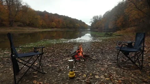 Camping and campfire in the forest Video stock 145795072