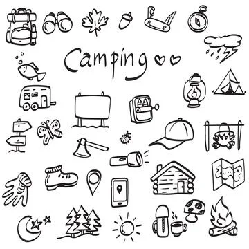 Camping and hiking elements illustration vector hand drawn isolated on white Illustrazione stock