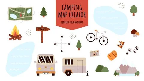 Camping and Hiking elements set for constructing childrens camp. Mountains,.. Illustrazione stock