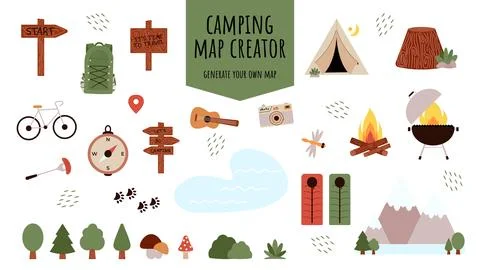 Camping and Hiking elements set for constructing kids camp. Mountains, lake Stock Illustration