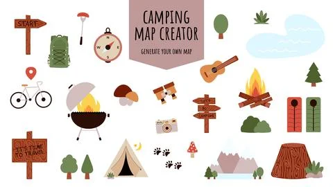 Camping and Hiking elements set for creating kids camp. Mountains, bike, trees Stock Illustration