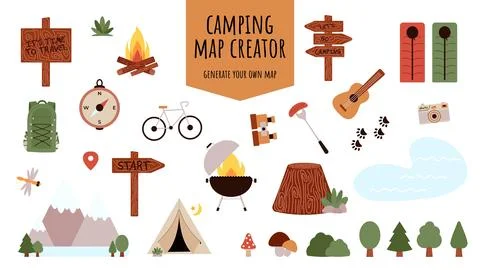 Camping and Hiking elements set for creating childrens camp. Mountains, bike Stock Illustration