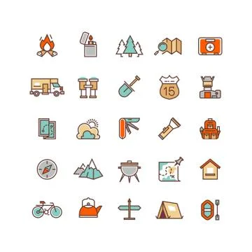 Camping and hiking flat vector icons for infographics Illustrazione stock