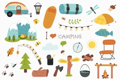 Camping and Hiking Isolated Elements Set Stock Illustration