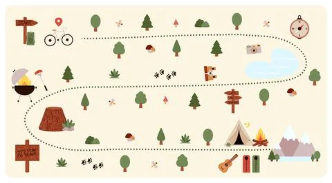 Camping and Hiking map creator. Set of flat elements for creating kids camp Stock Illustration