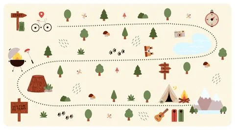 Camping and Hiking map creator. Set of flat elements for creating childrens camp 스톡 일러스트